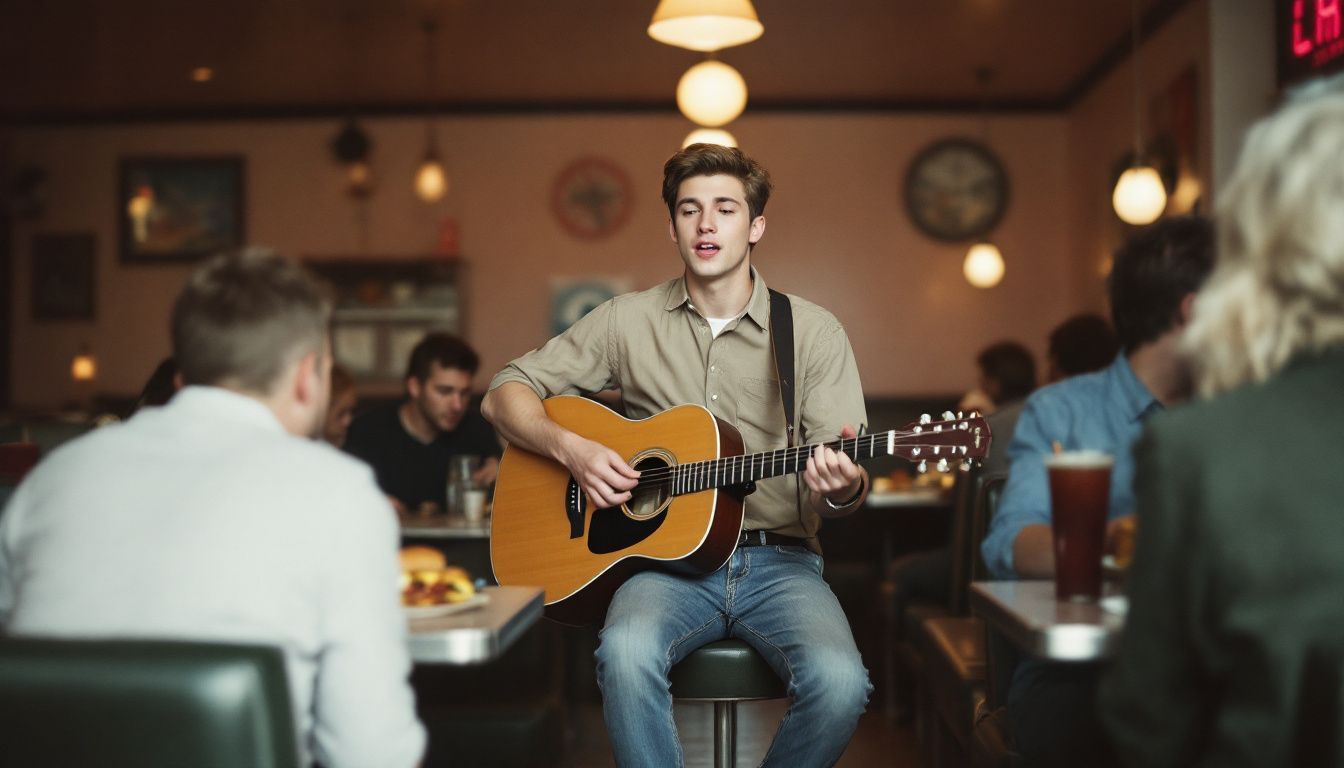 A young man in 1950s attire plays guitar in a vintage diner.