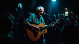 Elderly musician performs nostalgic tunes at a small music venue.