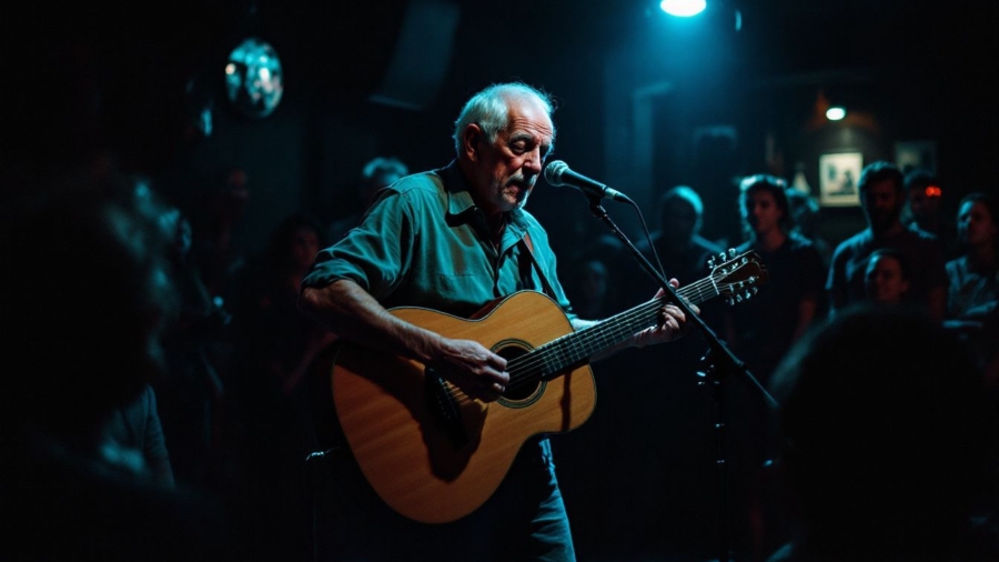 Elderly musician performs nostalgic tunes at a small music venue.