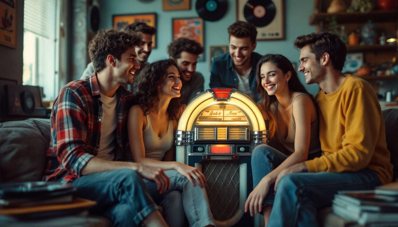 A group of young adults enjoy classic rock music from 1950s jukebox.