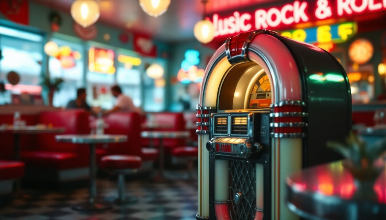 A vintage jukebox playing classic rock inside a colorful retro diner.