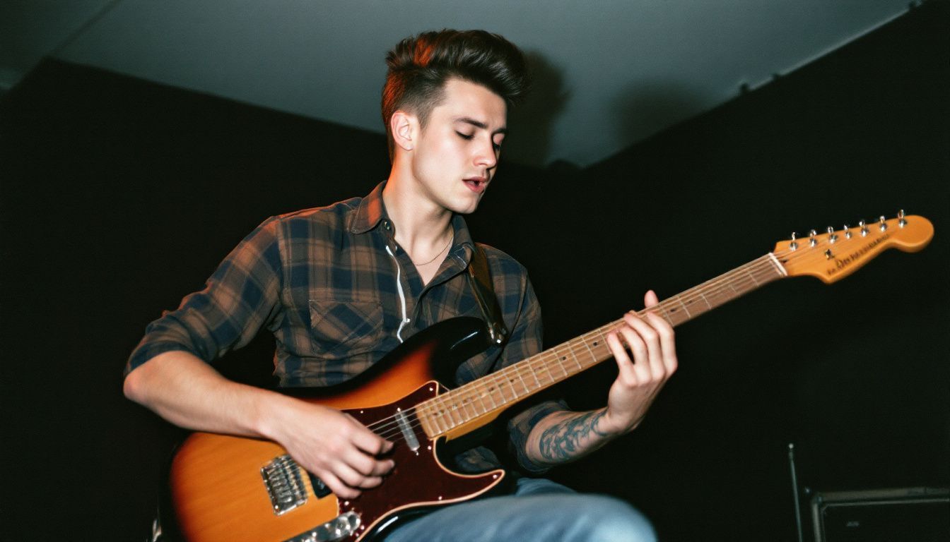 A young man with a pompadour hairstyle playing electric guitar on stage.