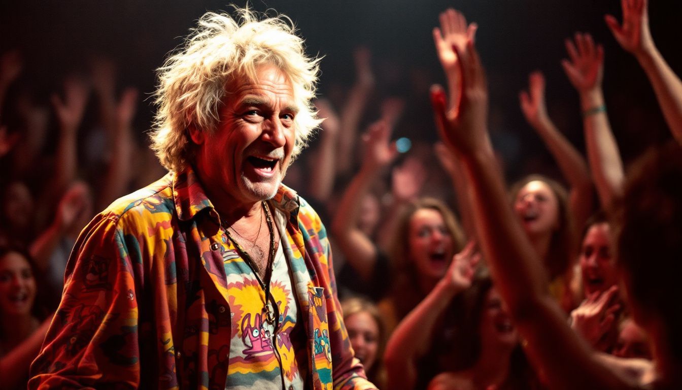 An older musician performs on stage with a lively, engaged audience.