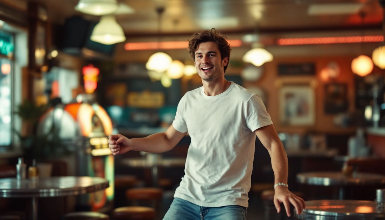 A young man energetically dances in a 1950s-themed diner with a vintage jukebox.