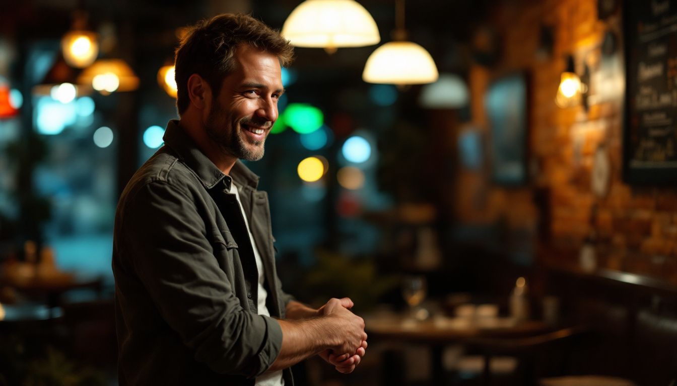 A man warmly greets someone in a dimly lit Italian restaurant.