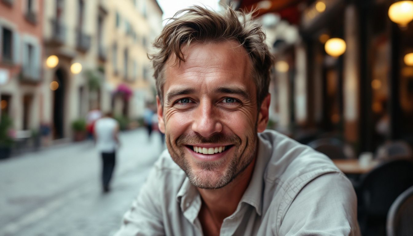 A man in his 30s smiling and saying 'Buongiorno' at an outdoor cafe.