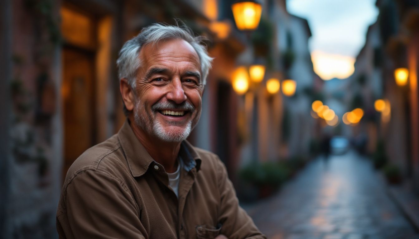 A middle-aged man greeting his neighbor in Italian on a charming street.