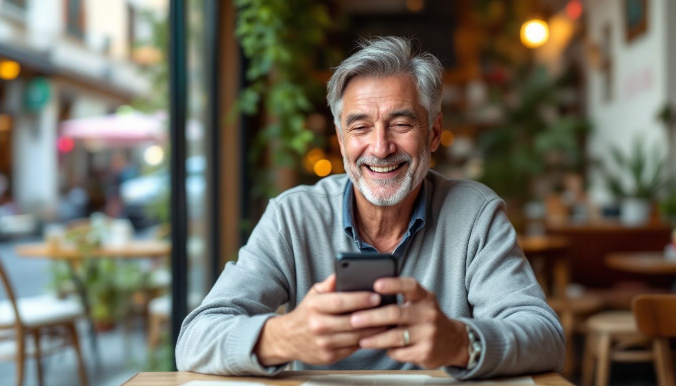 A person learning Italian with a language app at a cozy cafe.