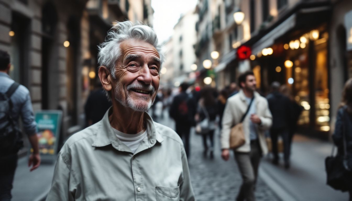 An elderly man greets a friend on a busy Milan street.
