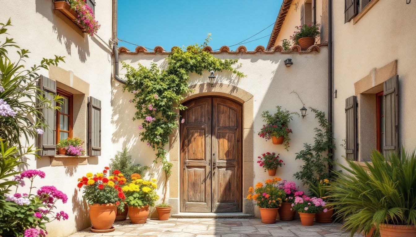 A rustic courtyard with colorful flowers and a slightly open wooden door.