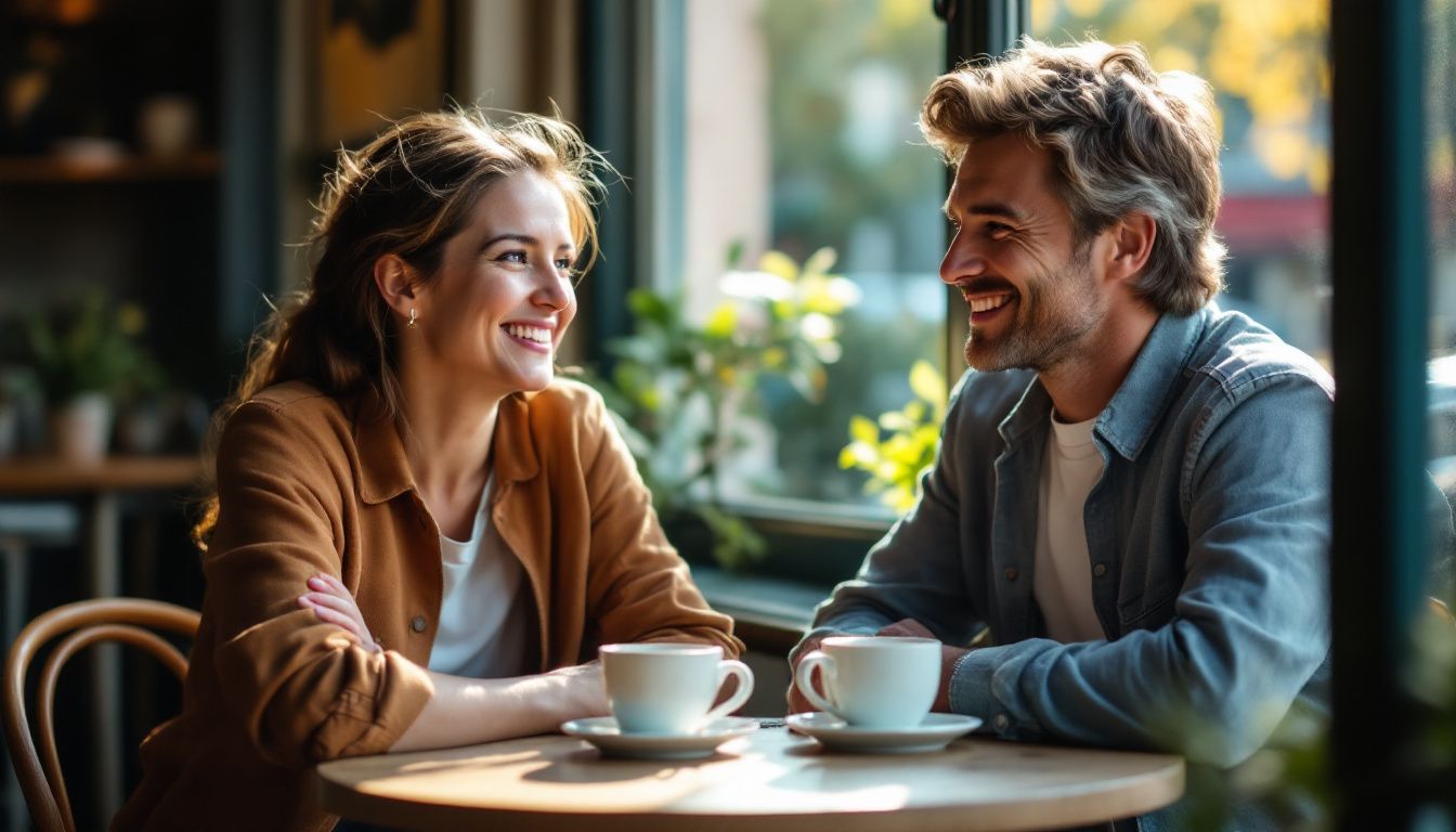 Two adults sitting at a cafe table, one smiling and greeting.