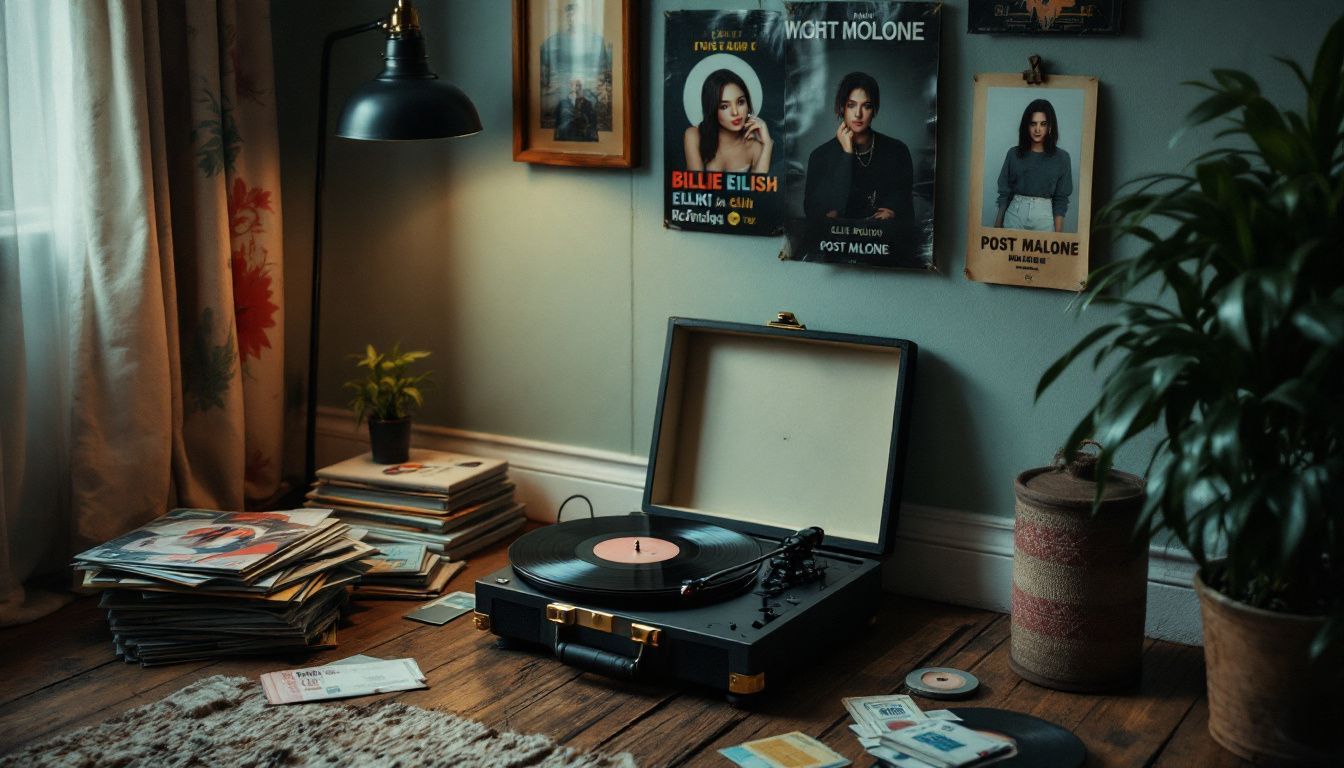 A cozy bedroom corner with a vinyl record player and music decor.