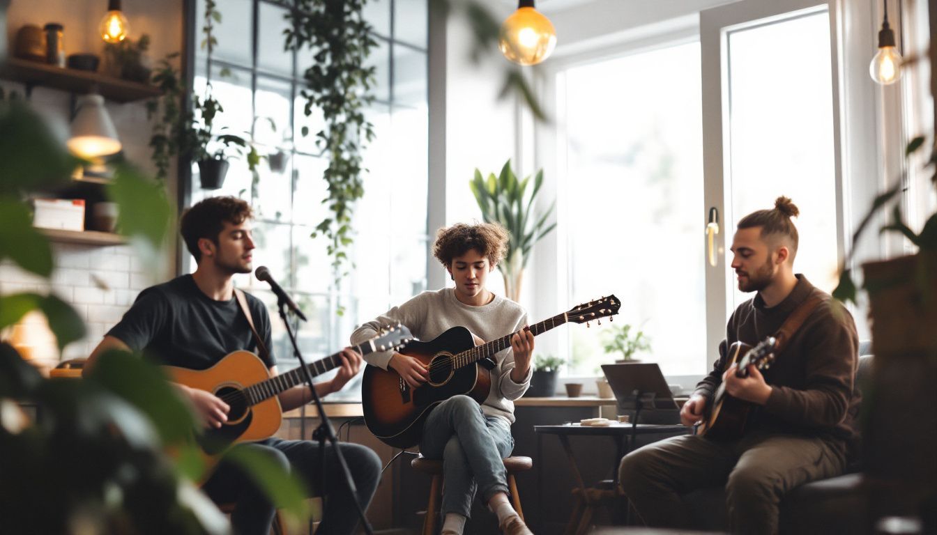 Young musicians performing emotional songs in a cozy coffeehouse setting.