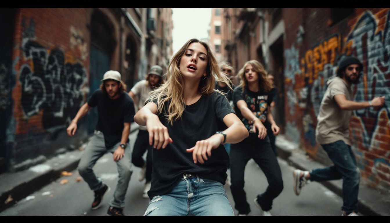 A group of young dancers perform hip-hop routines in an urban alley.