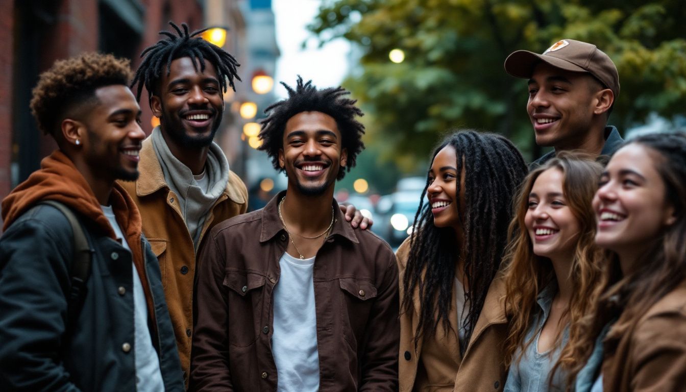 A group of young people enjoying music and conversation on a city street.