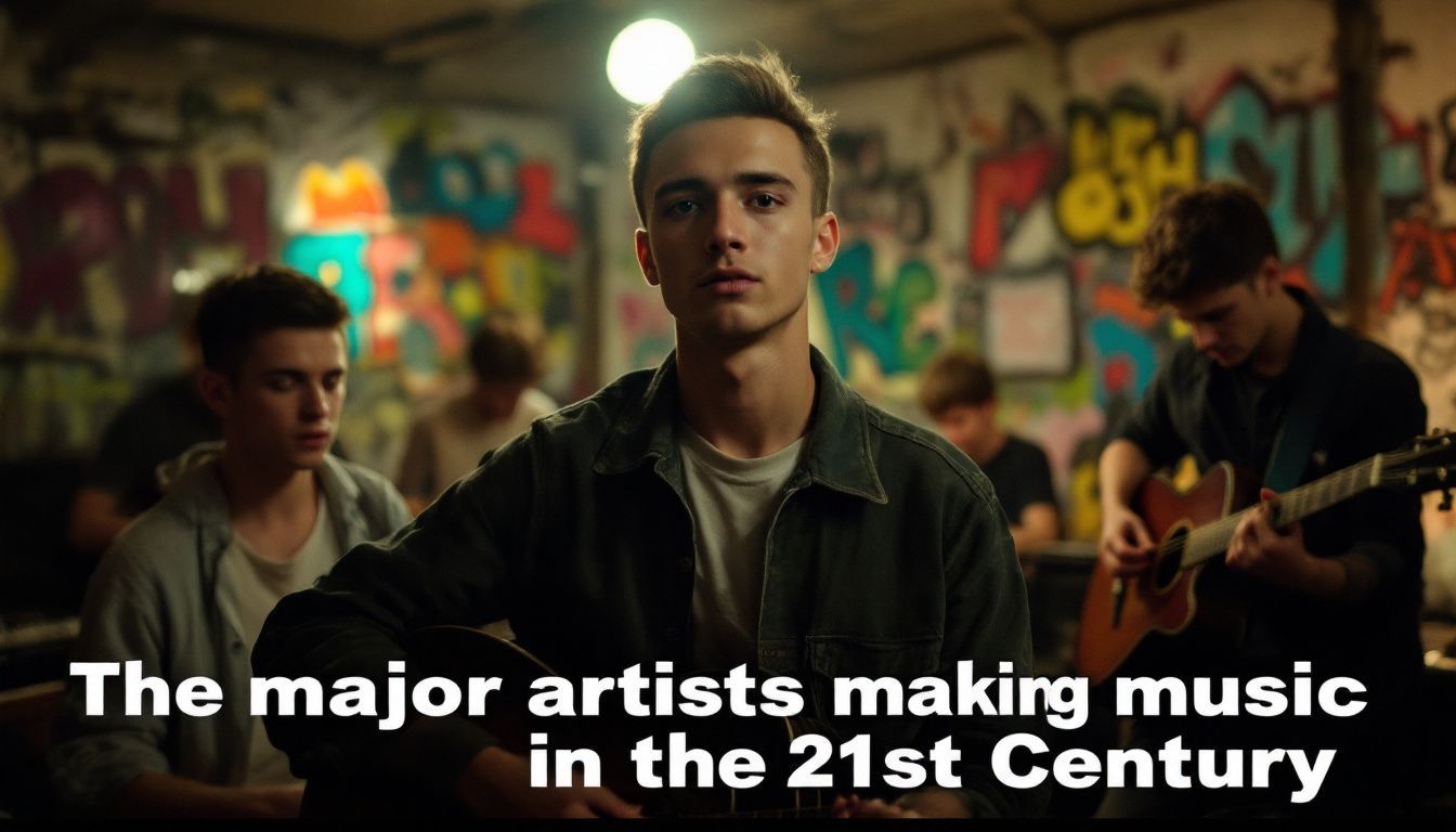 A group of young musicians jamming in a colorful underground studio.