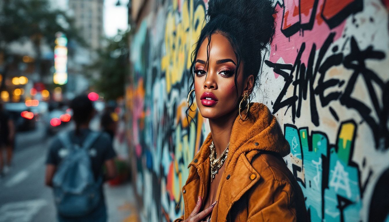 A street mural of a fashion-inspired woman in a busy city.