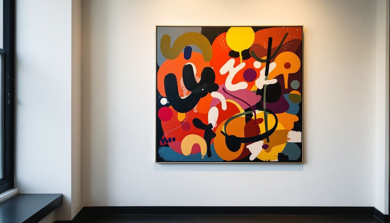 An abstract painting with bold shapes and textures in a gallery.