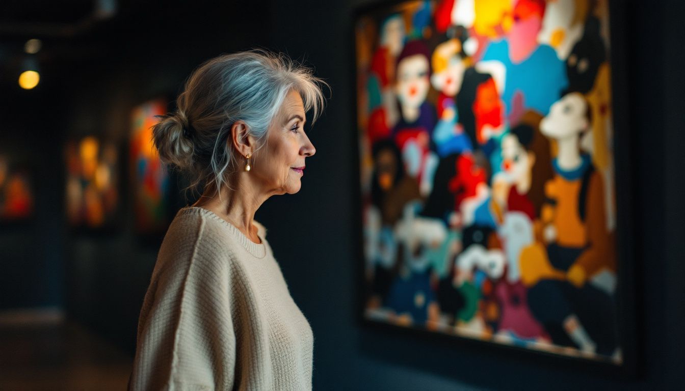 An older woman enjoying art in a dimly lit gallery.