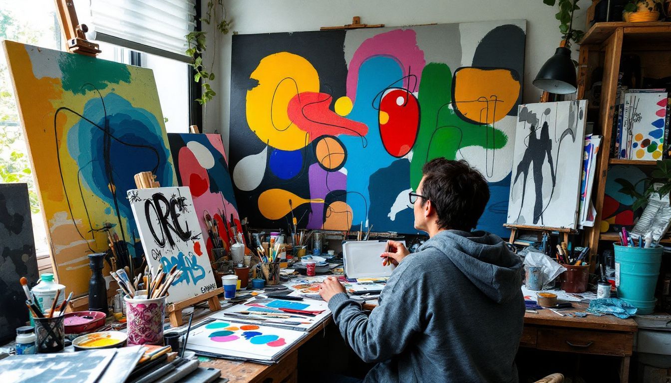 An artist sits at a cluttered desk surrounded by paint supplies and unfinished canvases.