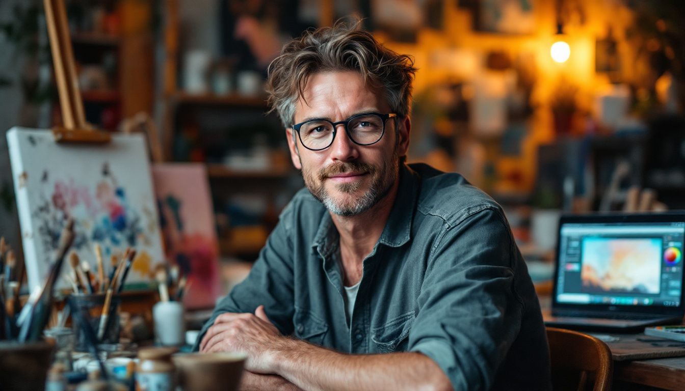 A mid-30s artist in a cluttered studio with digital art software.