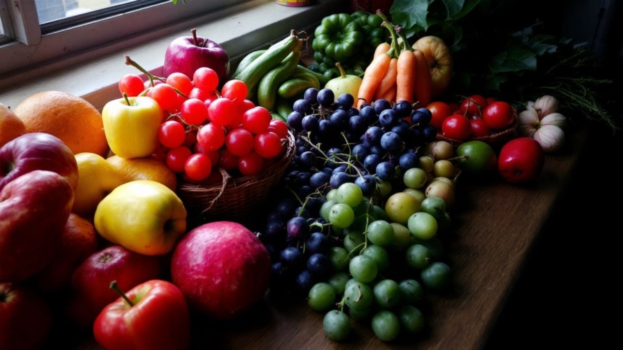 A still life arrangement of colorful fruits on a wooden table.