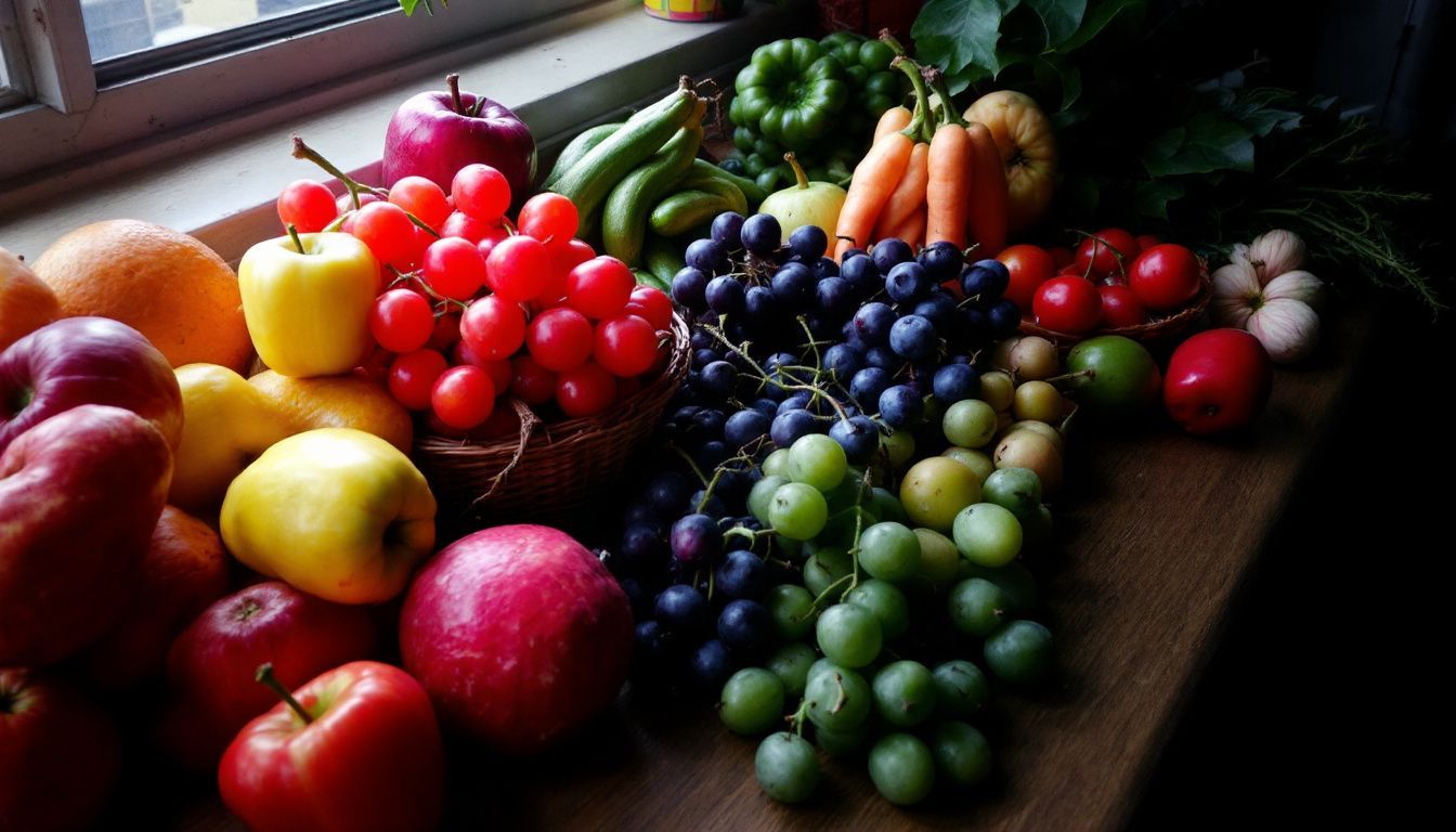 A still life arrangement of colorful fruits on a wooden table.