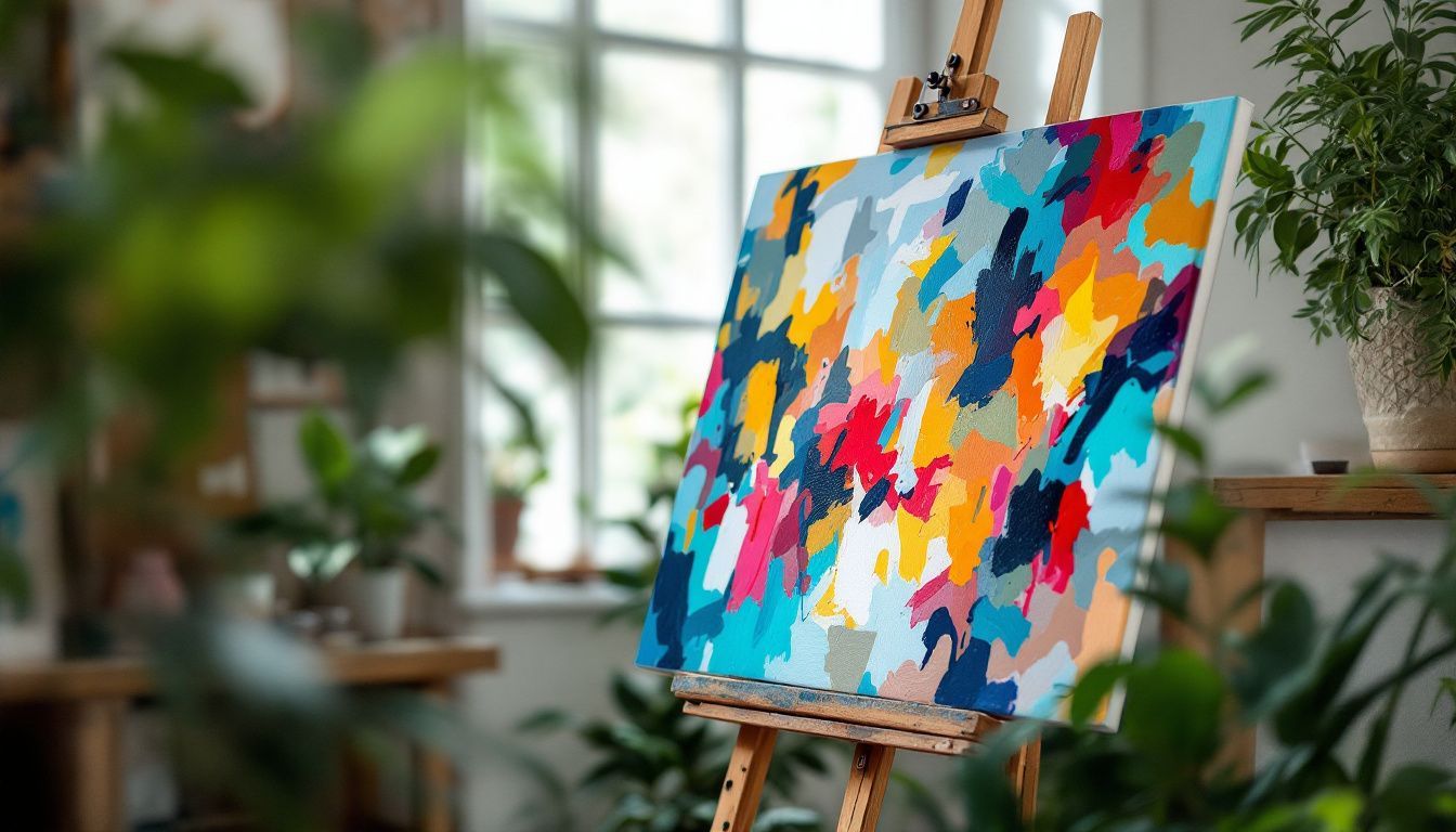 An abstract painting with vibrant colors and loose brushwork in a studio.