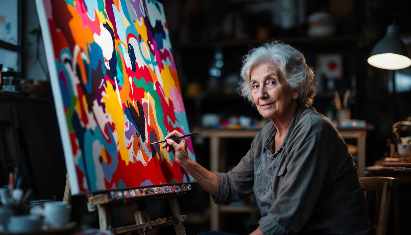 An older woman creating abstract art in cluttered studio.