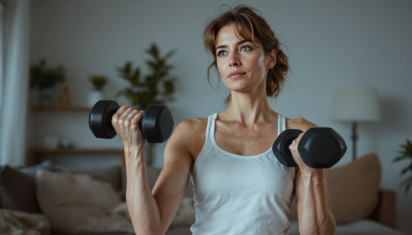 A woman in her 30s exercises at home with dumbbells.