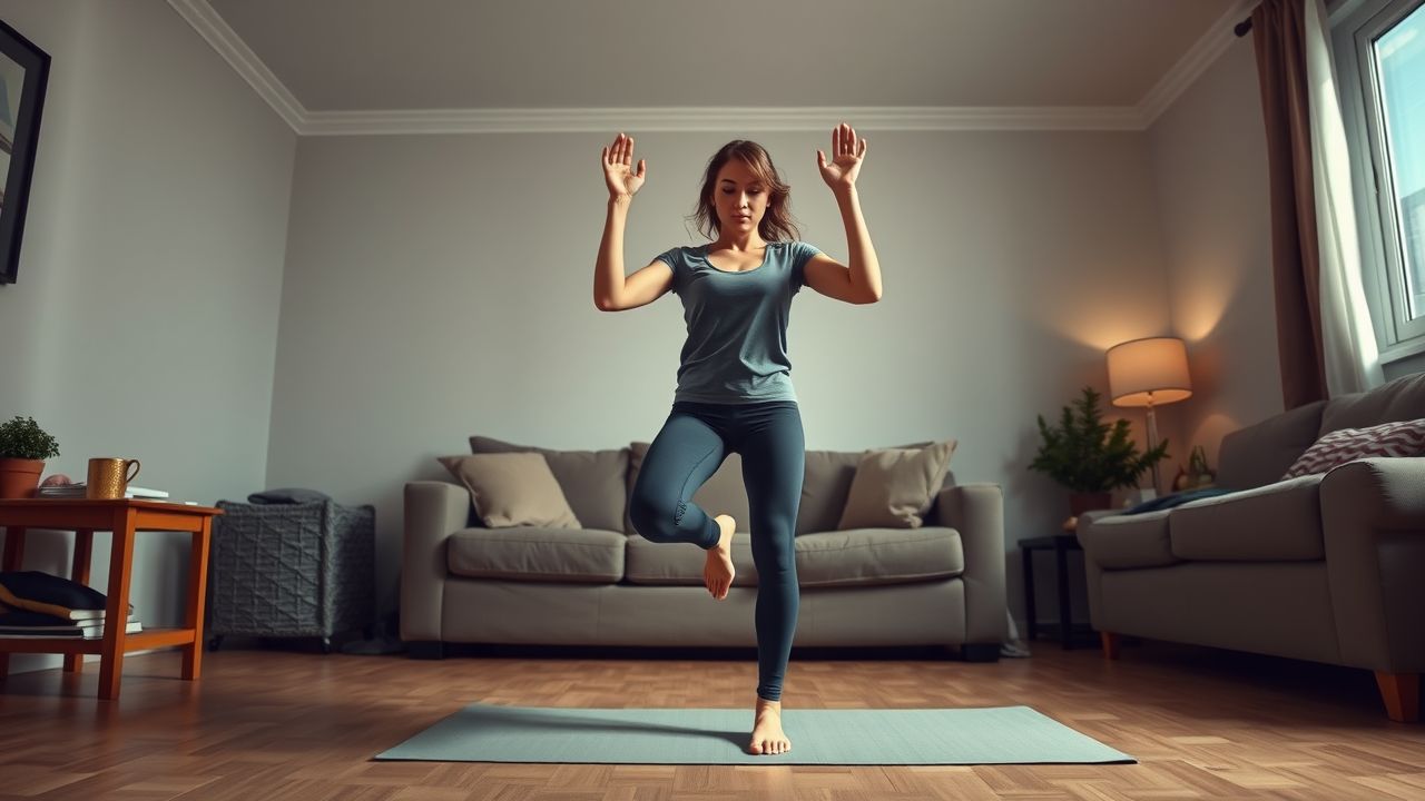 A young woman doing a home workout routine in her living room.