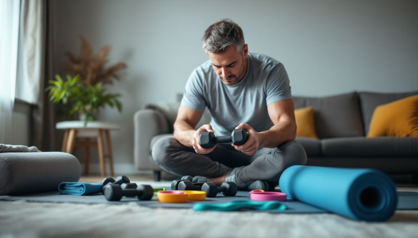 A man setting up home workout equipment in his living room.