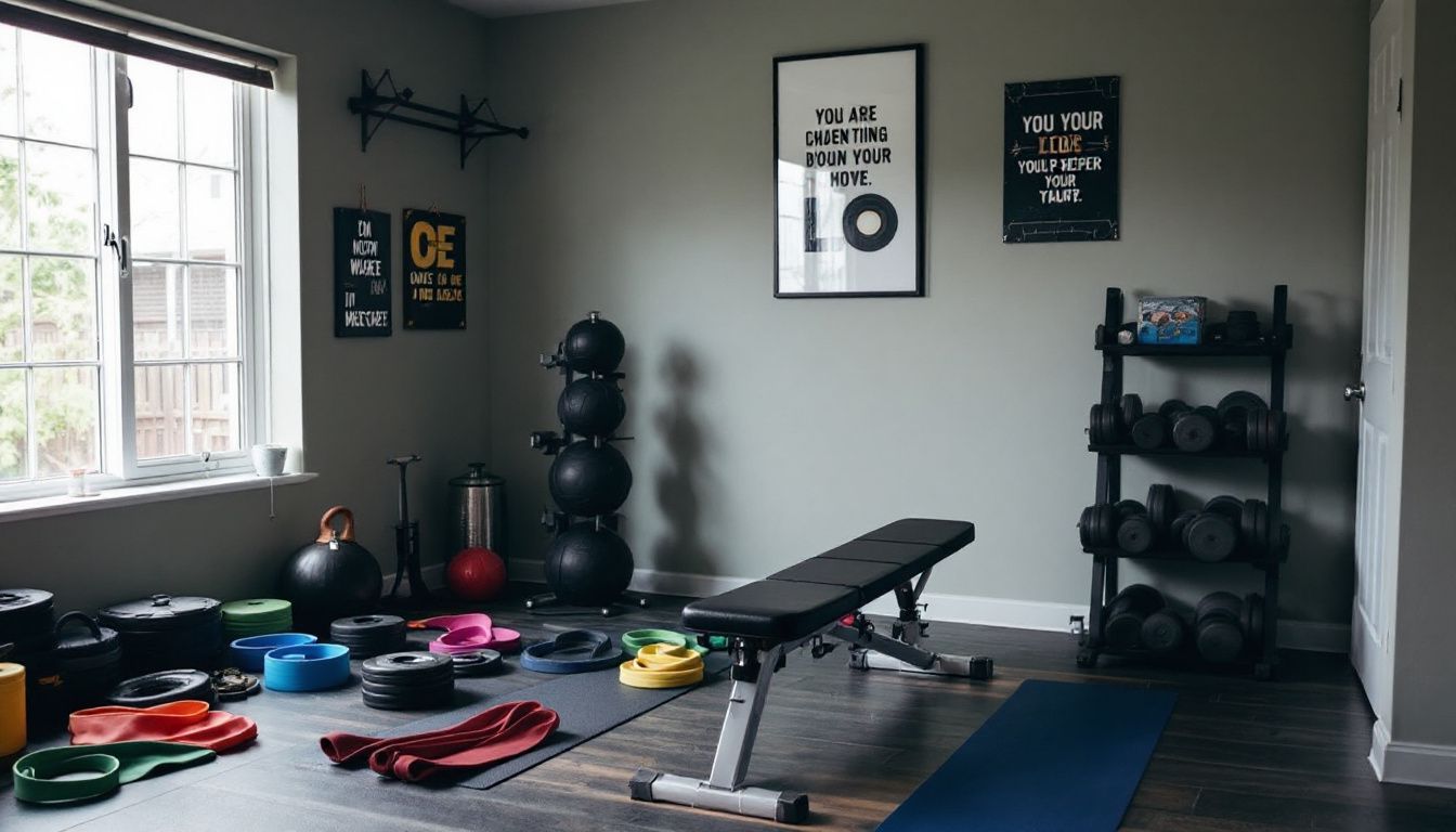 A well-equipped home gym with weights, bench, and motivational posters.