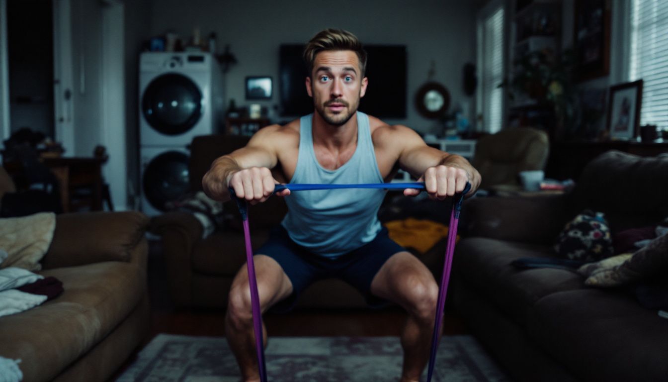 A person in their 30s exercising with resistance bands in a cluttered living room.