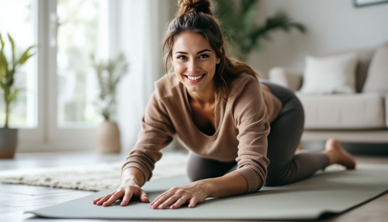 A woman in her 30s is setting up a home workout area.