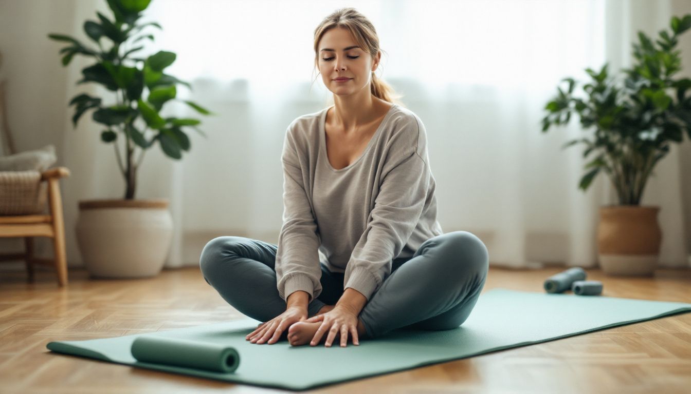 A middle-aged woman practicing yoga at home on an eco-friendly mat.