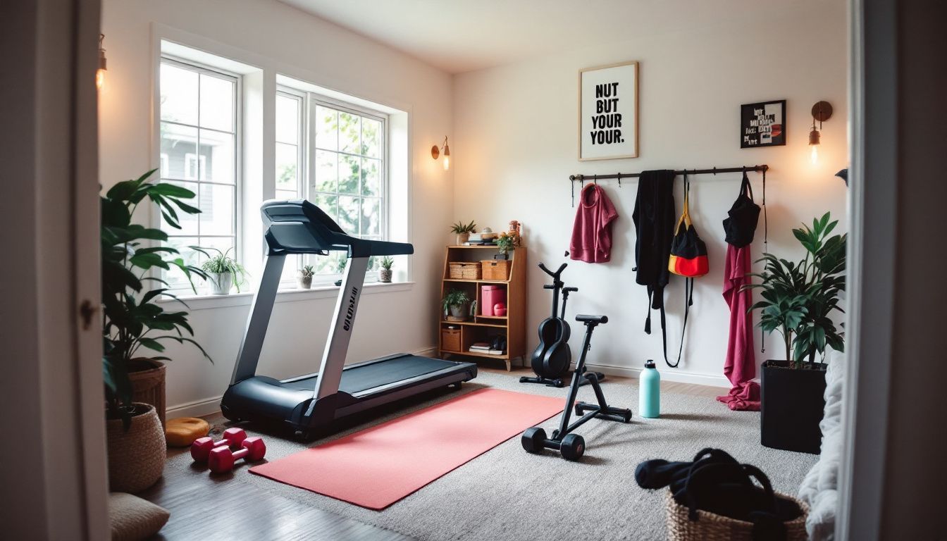 A well-organized home fitness area with treadmill, dumbbells, and yoga mat.