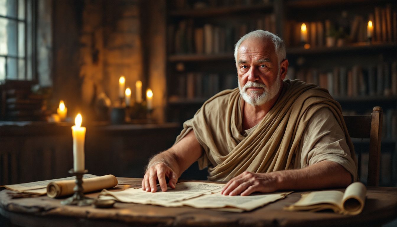 An elderly man in a toga studies Roman scrolls in a dimly lit library.