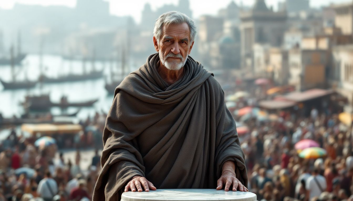 Elderly man in traditional robe stands in bustling Roman marketplace.