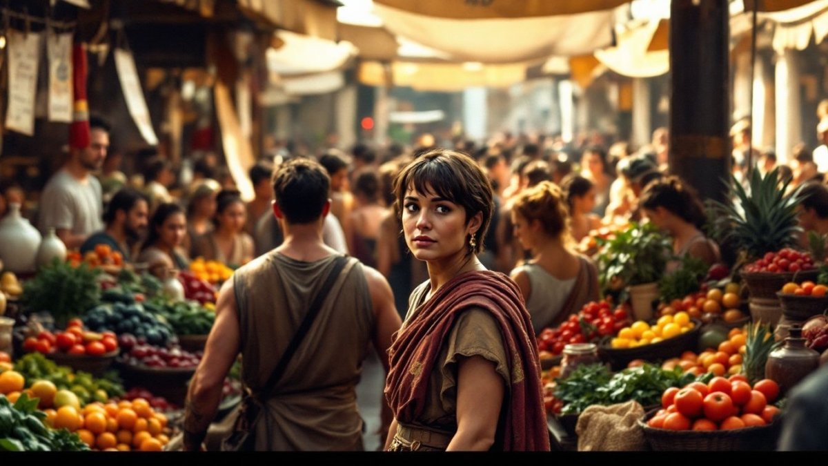 A bustling Roman marketplace featuring diverse goods and everyday people.