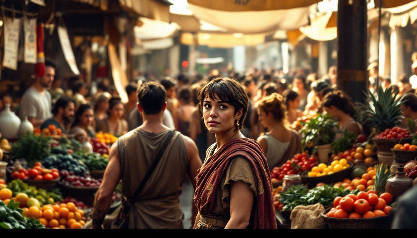 A bustling Roman marketplace featuring diverse goods and everyday people.