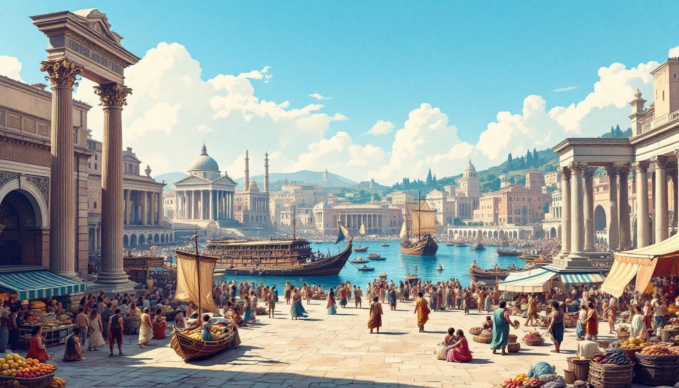 A bustling Roman port marketplace with merchant ships unloading exotic goods.