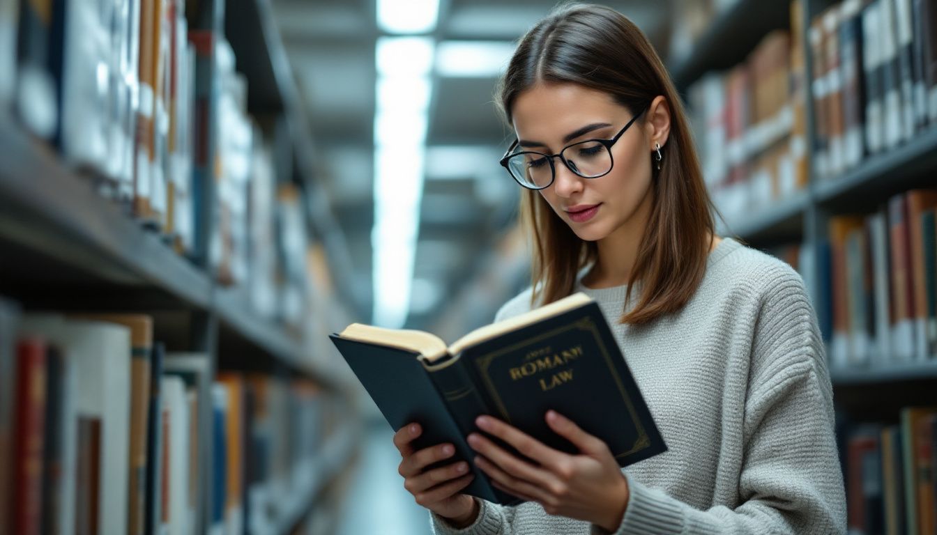 A woman is studying ancient Roman law in a modern library.