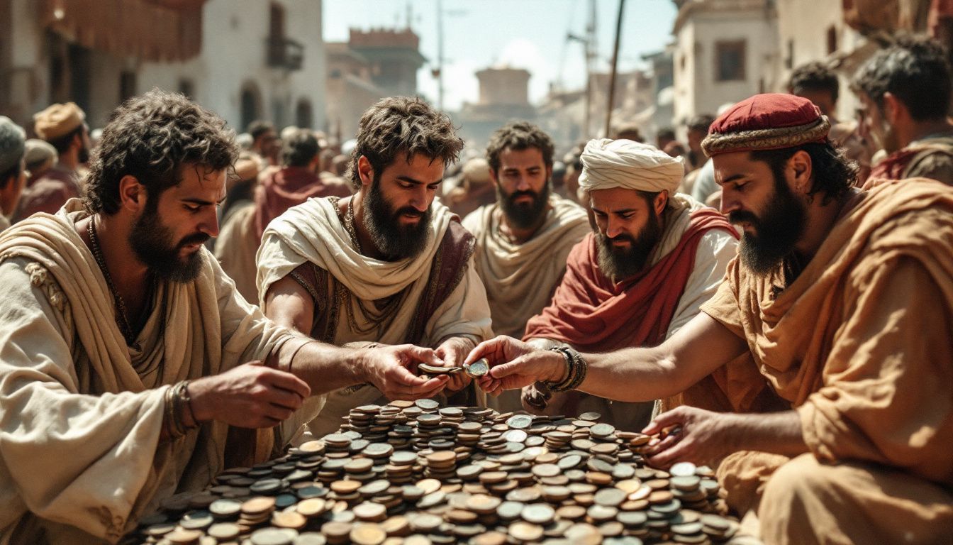 A busy ancient Roman market scene with merchants and customers.