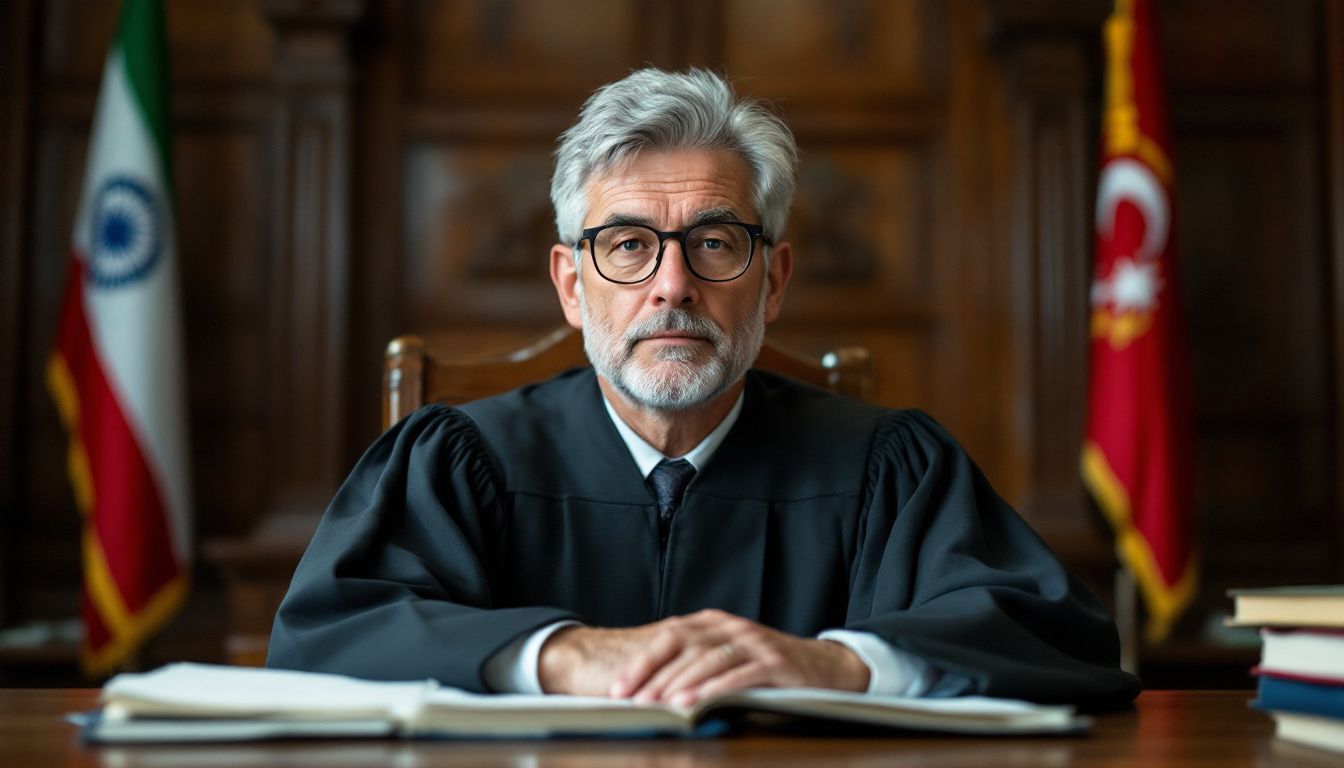 A male judge in a traditional courtroom surrounded by legal documents.