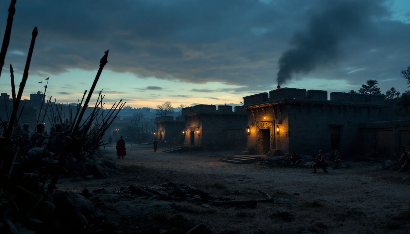 A Roman military camp at dusk with advanced weaponry and fortifications.