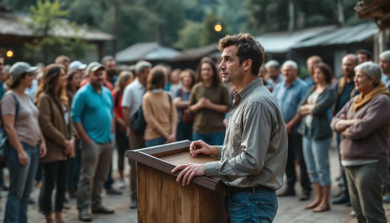 A diverse group of villagers engage in local governance discussions.
