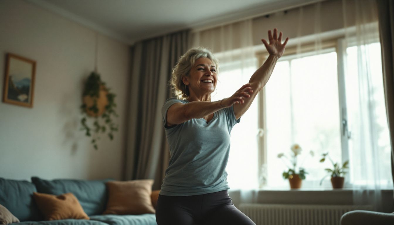 A middle-aged woman is exercising in her living room with a smile.