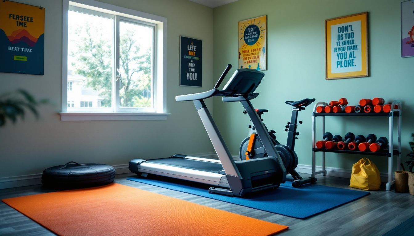 A home gym with treadmill, stationary bike, mats, dumbbells, and motivational posters.