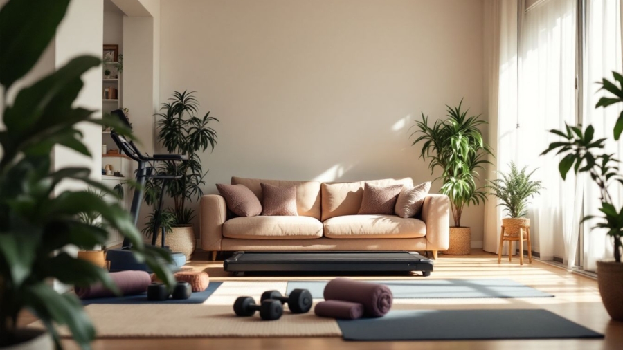 A well-lit living room with a home fitness setup and plants.